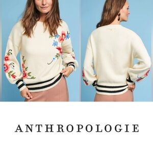Anthropologie Ivory Sweater with Floral Embroidery